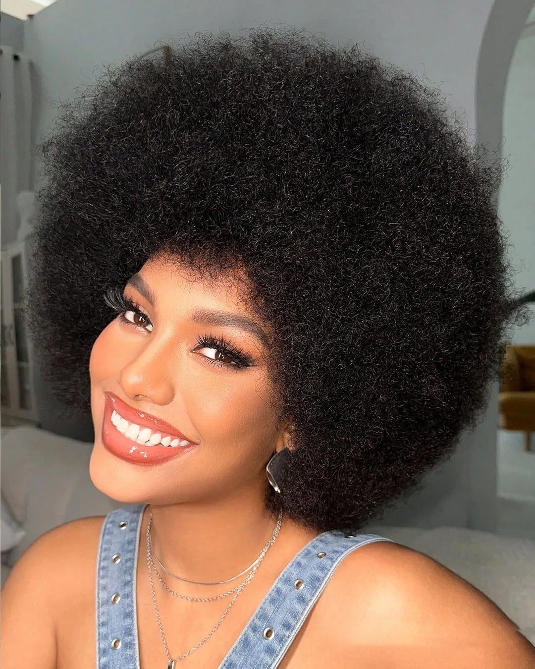 Afro Fluffy Curly Human Hair Wigs 70S Jerry Curl Wig One Wig Two Stlyes Glueless Wig Puffy Bouncy Wig Bouncy Wet and Dry Styling