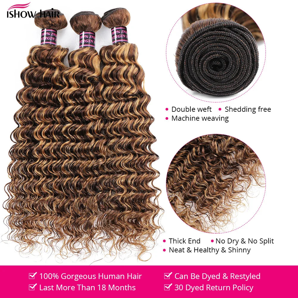 P4/27 Highlight Deep Wave Bundles Ombre Brown Curly Human Hair Bundle 1/3/4 PCS Brazilian Remy Virgin 100% Human Hair Extensions