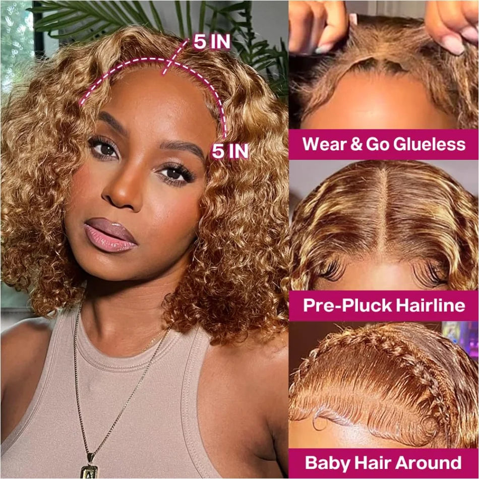 Bob Wig Human Hair 100% Highlight Ombre 5X5 Hd Lace Closure Wig Curly Short Honey Blonde Colored Glueless Deep Wave Frontal Wigs