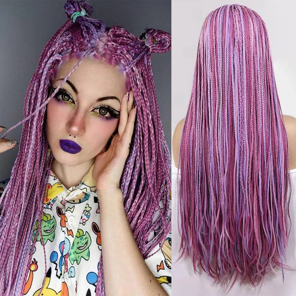 28Inch Pink Highlight Box Braided Wigs for Women Knotless Goddess Box Braid Lace Front Wig Colored Crochet Braid Synthetic Wig
