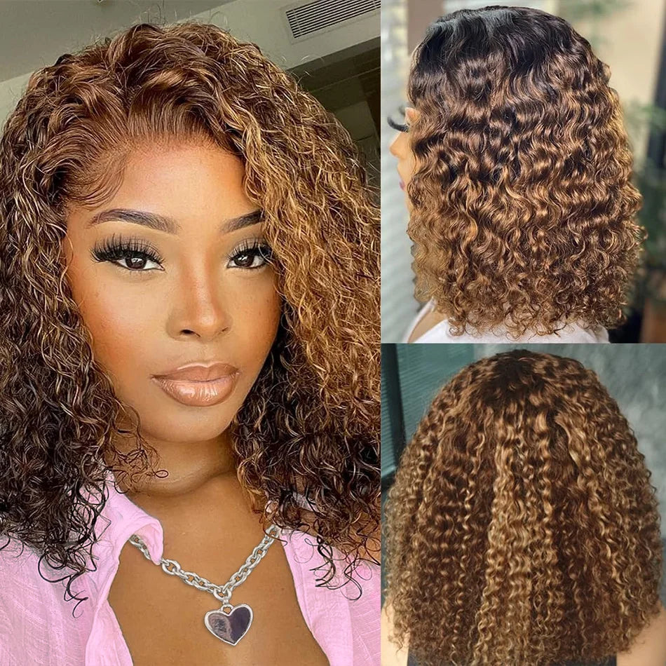 Bob Wig Human Hair 100% Highlight Ombre 5X5 Hd Lace Closure Wig Curly Short Honey Blonde Colored Glueless Deep Wave Frontal Wigs