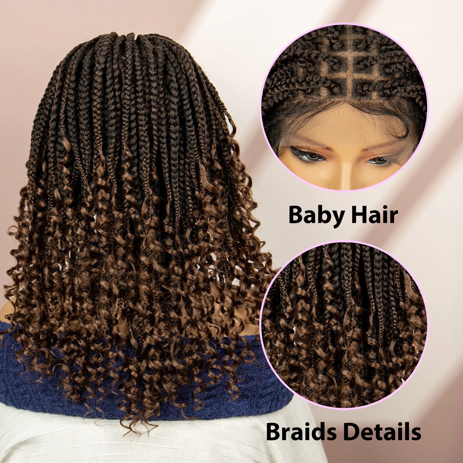 16 Inches Short Box Braided Full Lace Wigs for Black Women Brown Box Braiding Hair Wigs African Braids Lace Wigs Curly Ends Wig