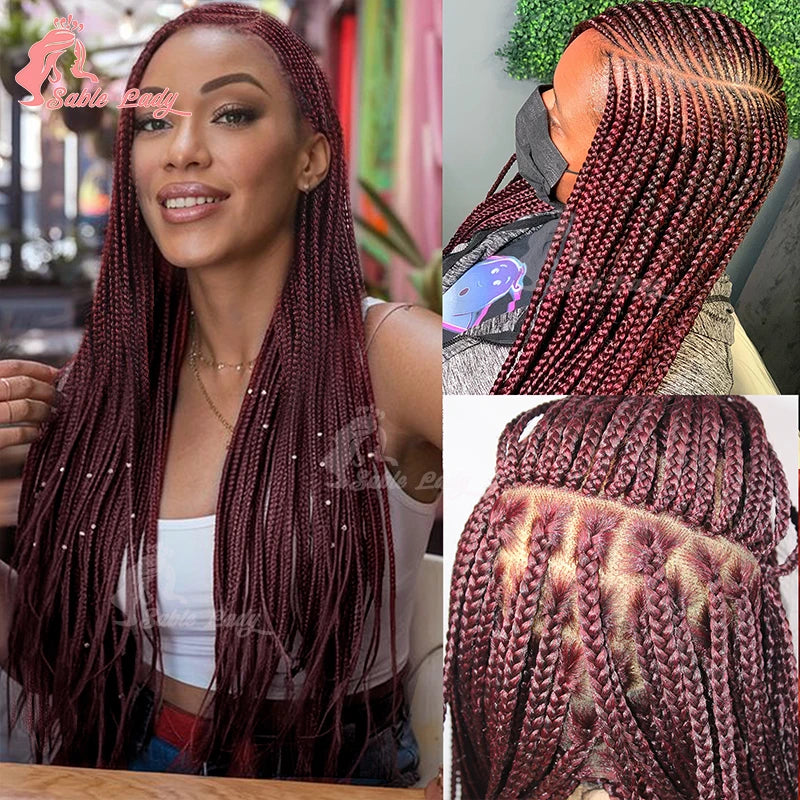 Burgundy Full Lace Braided Wigs for Black Women Synthetic Knotless Cornrow Braided Wigs Godness Side Part Wig Box Braids Wig