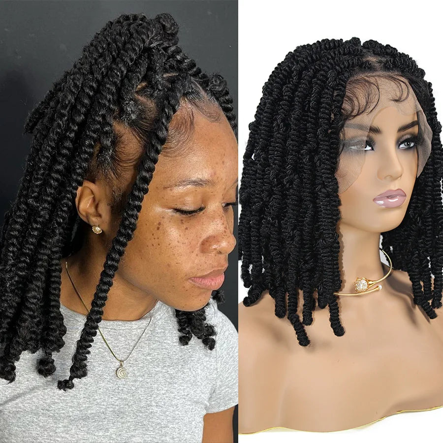 Short Spring Twist Braids Wig Synthetic Full Lace Front Passion Twists Wigs Curly Ends Knotless Box Twist Braiding Wig For Women