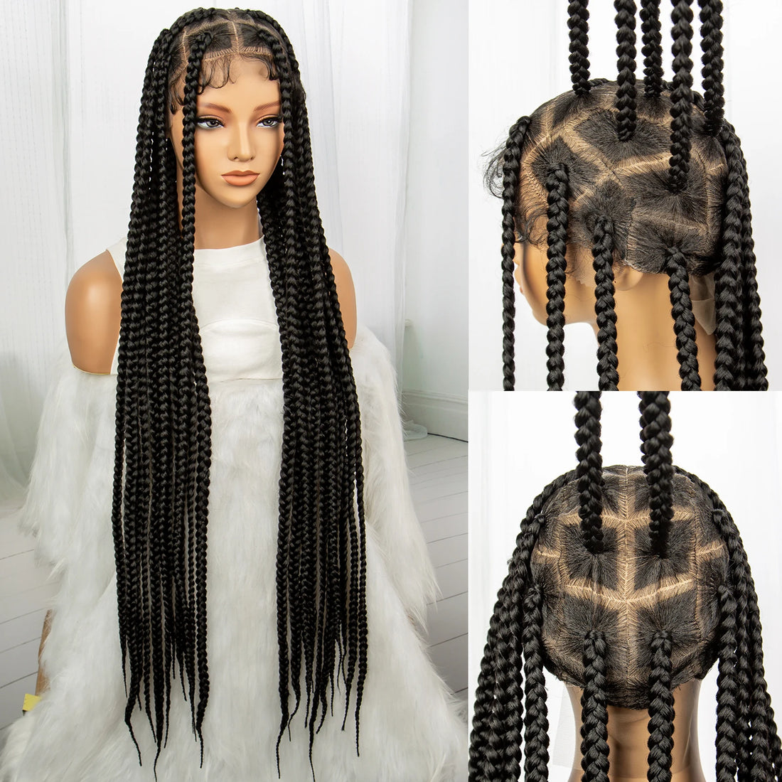 Synthetic Transparent Full Lace Braided Wigs Knotless Box Braids Wig for Black Women 34 inches Synthetic Hair Wig Long Black