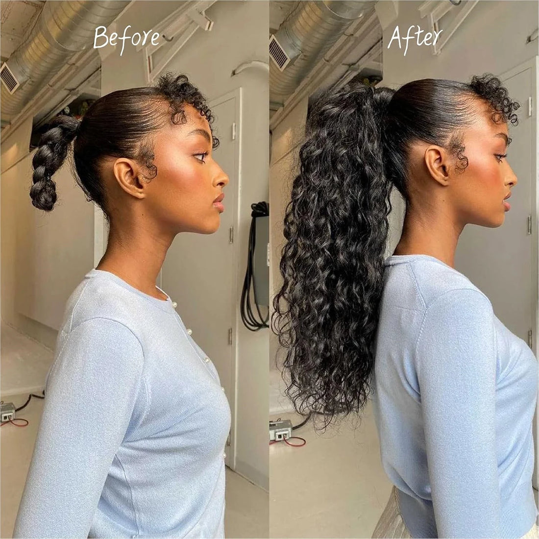 Deep Wave Drawstring Ponytail Human Hair Ponytails #1B Natural Black Curly Clip In Hair Extensions For Daily Cosplay 1 Pieces