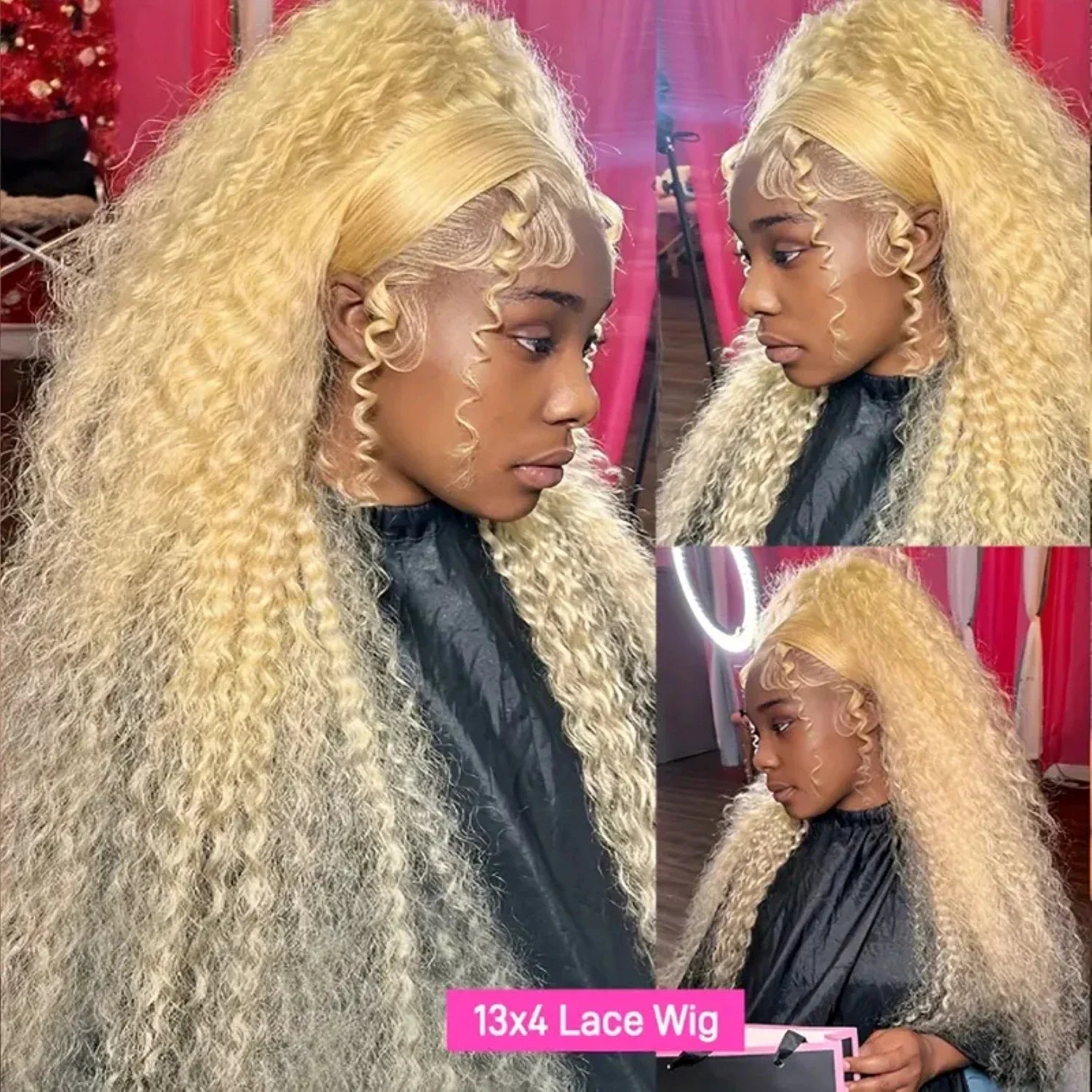 Woman with long curly blonde 13x4 lace wig showcasing front and side views in salon setting