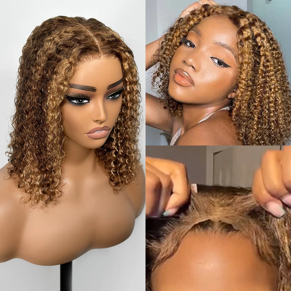 Deep Wave Honey Blonde Glueless Bob Wigs Human Hair Pre Plucked Pre Cut Highlight Wear and Go Curly Wigs Ombre HD Lace Front Wig