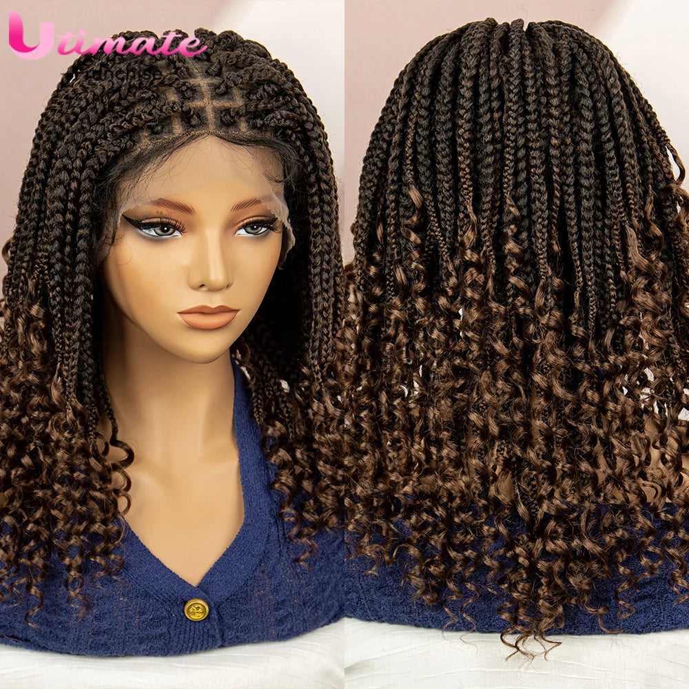 16 Inches Short Box Braided Full Lace Wigs for Black Women Brown Box Braiding Hair Wigs African Braids Lace Wigs Curly Ends Wig