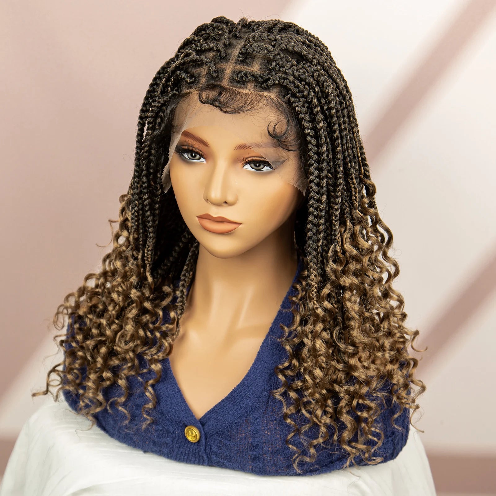 16 Inches Short Box Braided Full Lace Wigs for Black Women Brown Box Braiding Hair Wigs African Braids Lace Wigs Curly Ends Wig