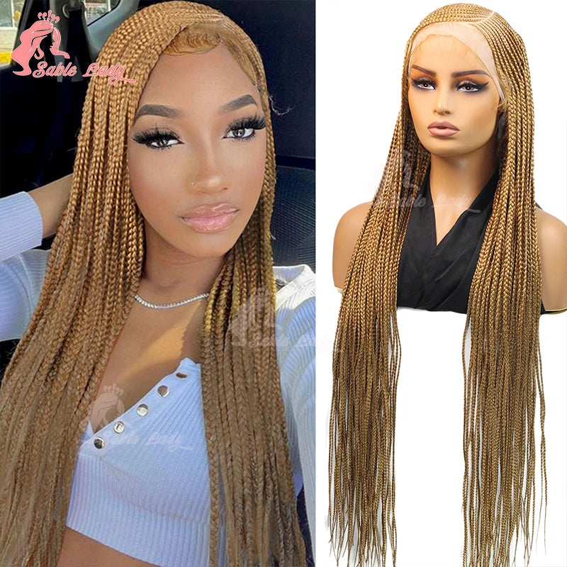 Burgundy Full Lace Braided Wigs for Black Women Synthetic Knotless Cornrow Braided Wigs Godness Side Part Wig Box Braids Wig