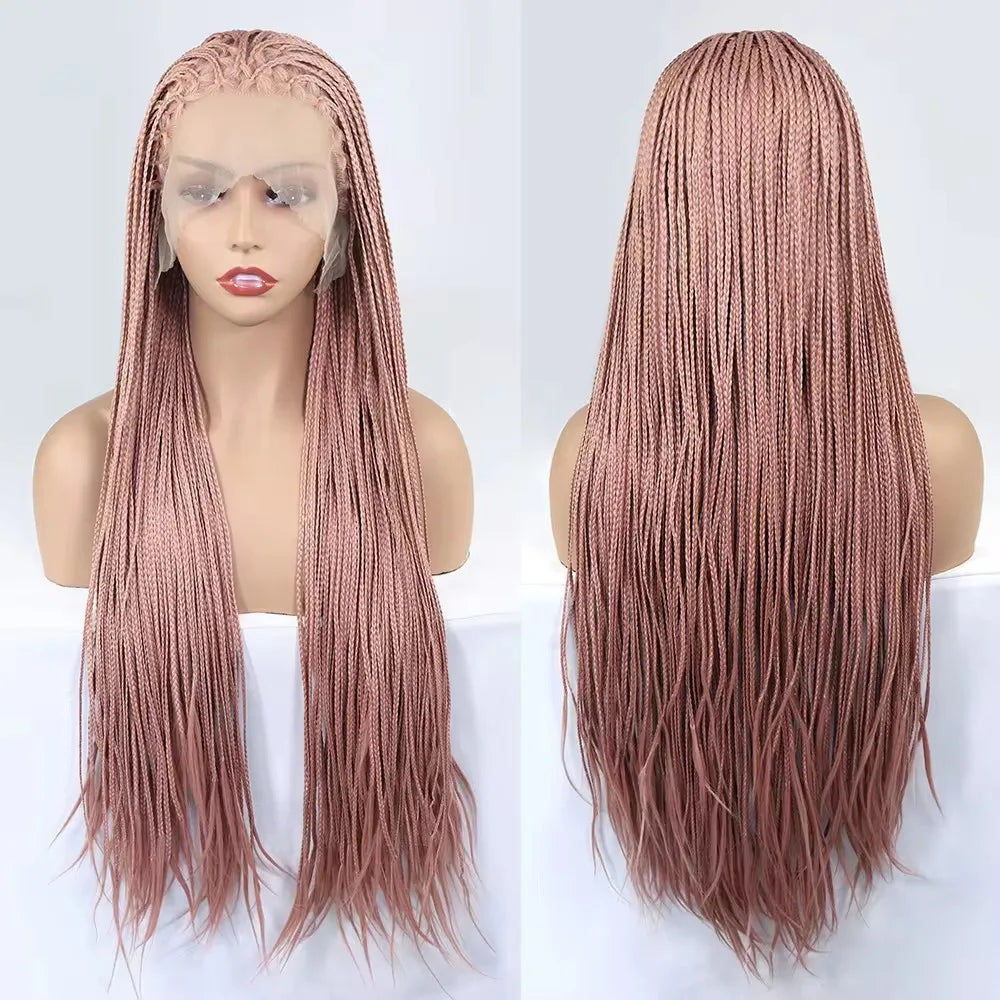 28Inch Pink Highlight Box Braided Wigs for Women Knotless Goddess Box Braid Lace Front Wig Colored Crochet Braid Synthetic Wig